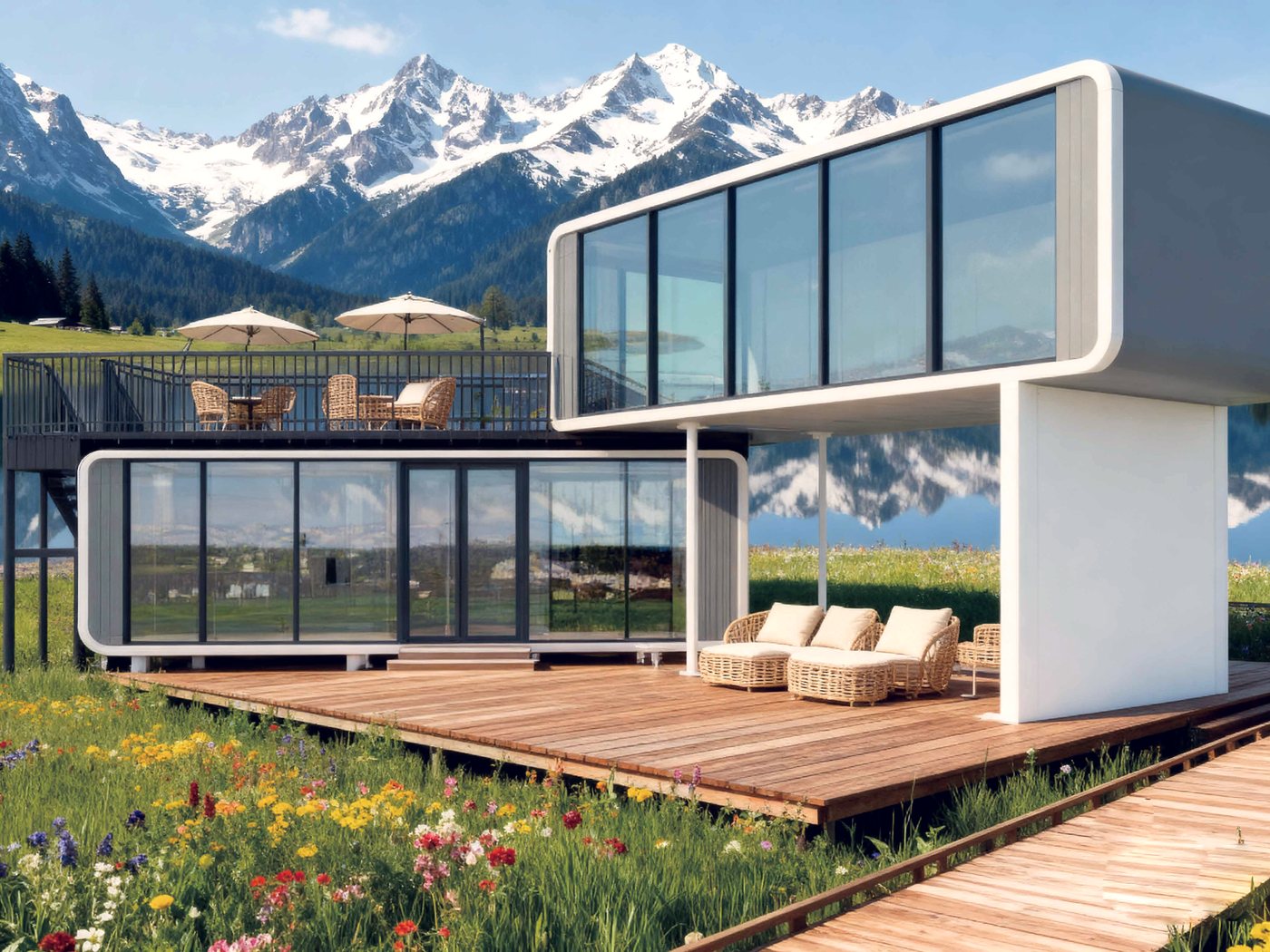 Glazed unit above an alpine lake