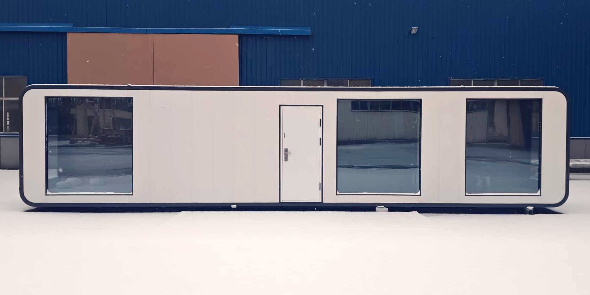 A finished relocatable unit on the factory apron, ready for dispatch