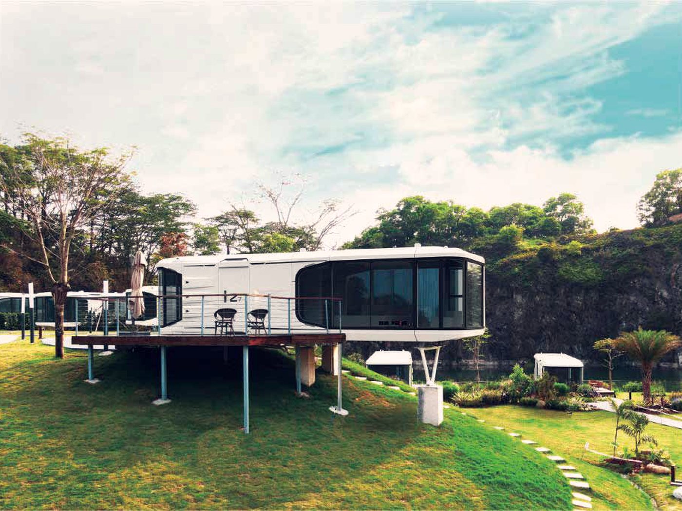 A compact pod set on a lawn