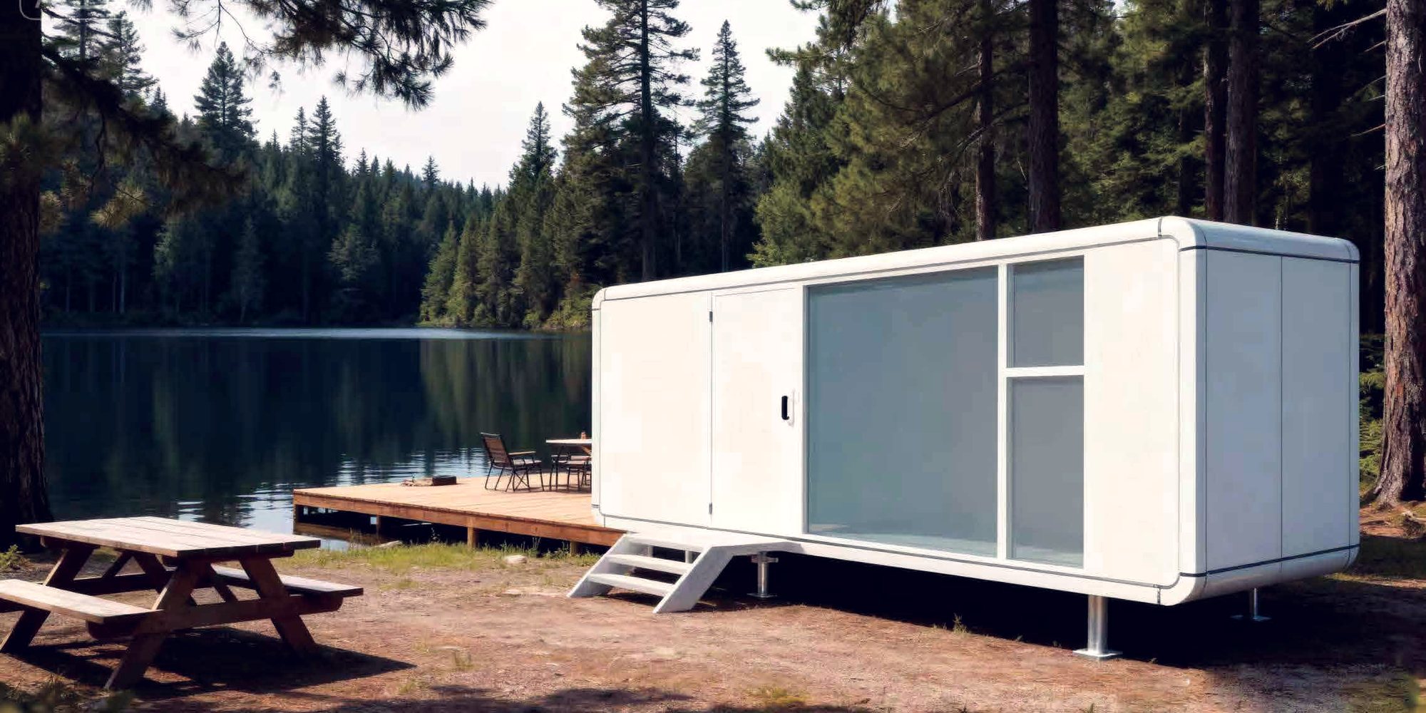 A prefabricated guest cabin beside a forest lake, with its own timber deck