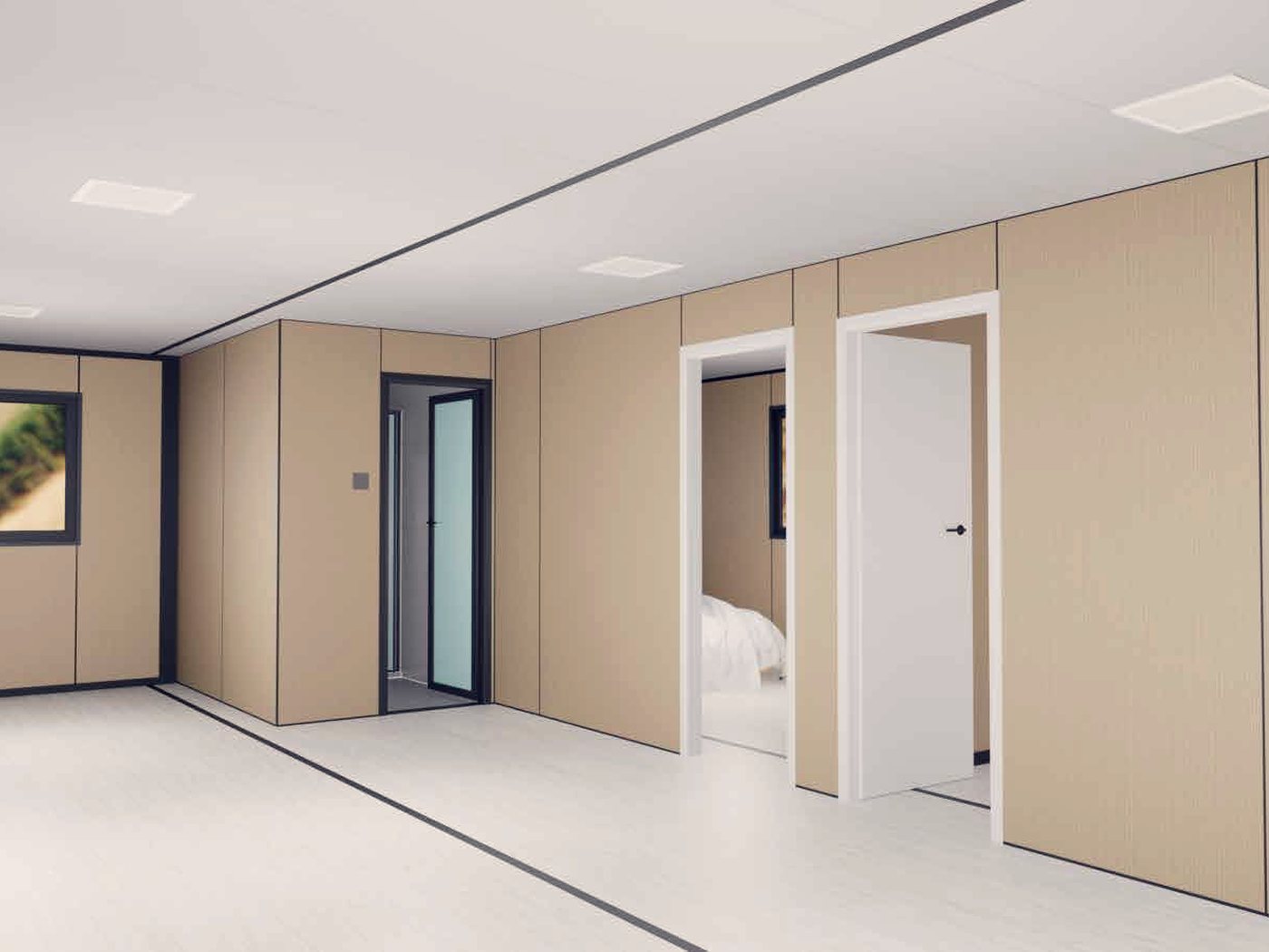 Open-plan module interior, doors and windows in place